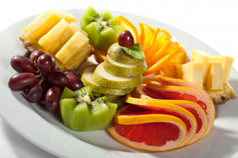 Картинка еда фрукты +ягоды грейпфрут киви груша виноград апельсин ананас