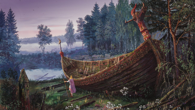 Обои картинки фото рисованное, живопись, лес, человек, корабль, развалины, ладья