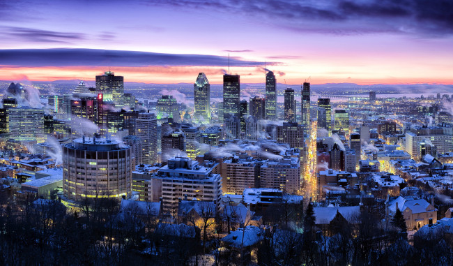 Обои картинки фото города, монреаль , канада, панорама, огни, вечер