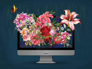 Картинка компьютеры мониторы +ноутбуки monitor монитор фотошоп цветы photo мир mac apple
