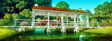 Картинка рисованное люди деревья река человек мост машина