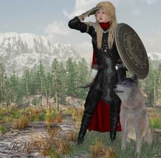 Картинка 3д графика fantasy фантазия щит девушка собака