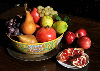 Картинка еда фрукты ягоды лимон гранат груши яблоки виноград