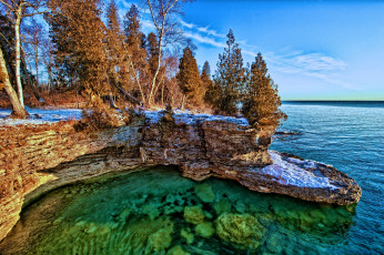Картинка природа реки озера скалы lake michigan озеро мичиган деревья берег