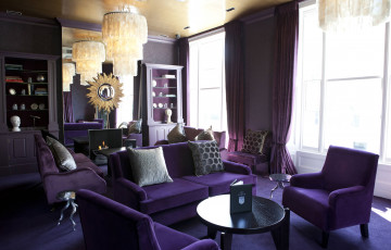 Картинка интерьер кафе рестораны отели люстры кресла столик фиолетовый