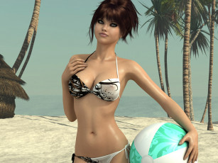 Картинка 3д графика people люди девушка пляж купальник шар мяч пальмы