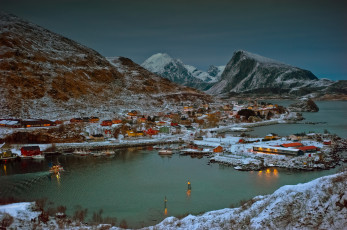Картинка lofoten норвегия города пейзажи озеро дома горы