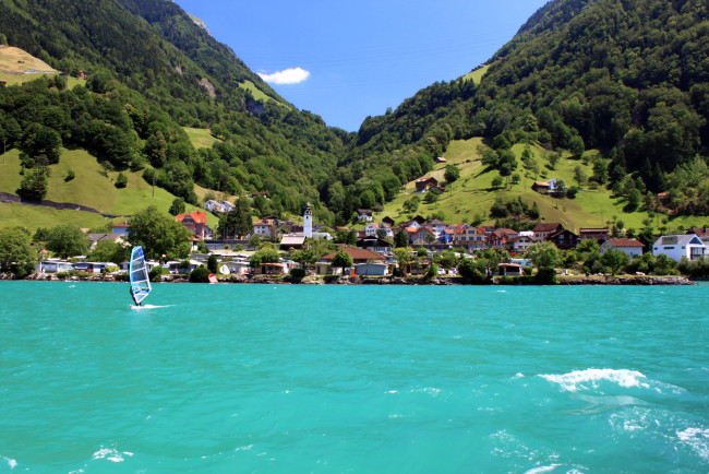 Обои картинки фото швейцария, зеелисберг, города, пейзажи, горы, дома, река