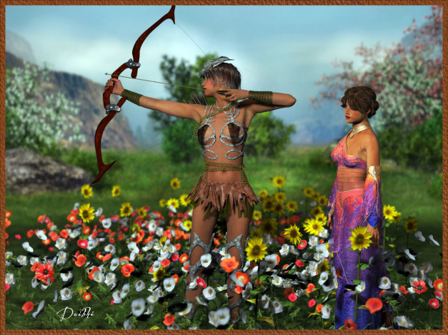 Обои картинки фото 3д графика, amazon , амазонки, девушки, лук, цветы