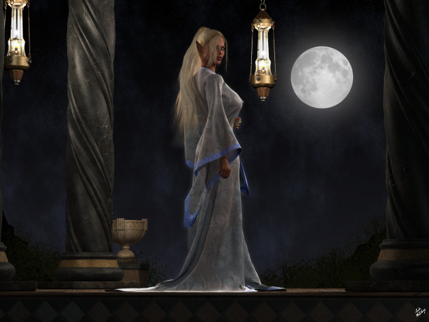 Обои картинки фото 3д графика, elves , эльфы, эльфийка, ночь, луна