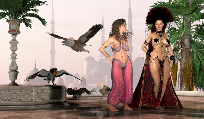 Обои картинки фото 3д графика, fantasy , фантазия, девушки, птицы