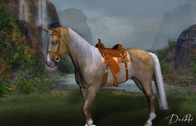 Обои картинки фото рисованные, животные,  лошади, лошадь, седло