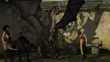 Картинка 3д+графика фантазия+ fantasy фон взгляд девушки оружие дракон