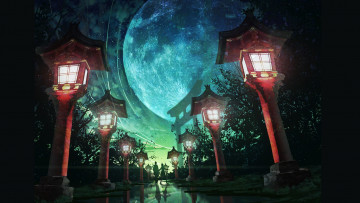 Картинка аниме город +улицы +здания ночь полнолуние ворота тории аллея двое Япония лето фонари дорожка