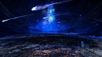 Картинка аниме город +улицы +здания панорама девочка вид сверху art звездное небо каметы млечный путь ночь горизонт