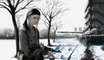 Картинка аниме оружие +техника +технологии anime snow weapon assault rifle girl blonde bishojo gun ak 47