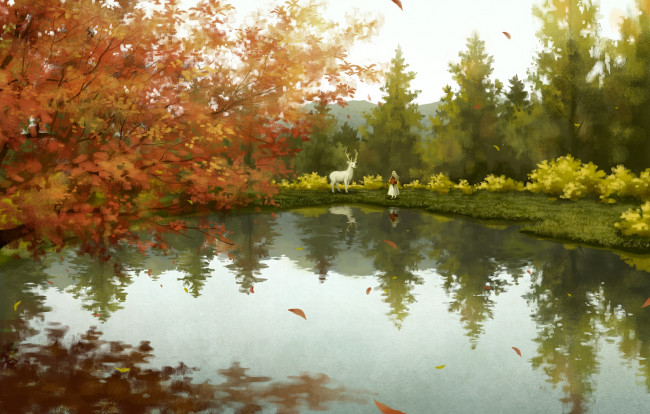 Обои картинки фото аниме, unknown,  другое, лес, олень, озеро