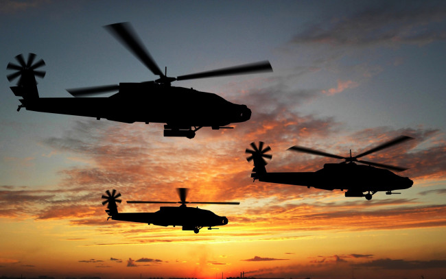 Обои картинки фото apache, авиация, вертолёты, сумерки, boeing, силуэт, боевые, вертолеты, апач, attack, helicopters
