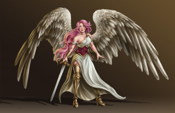 обоя фэнтези, ангелы, девушка, фон, взгляд, меч, крылья