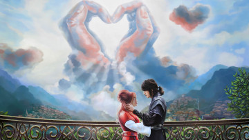 Картинка рисованное люди девушка мужчина фон сердце ладони
