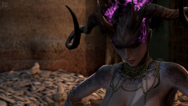 Обои картинки фото видео игры, dragon age 2, девушка, демонесса, рога, кости