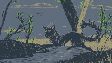 Картинка рисованное животные +сказочные +мифические зверек рога ручей