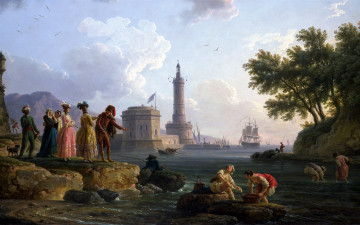 обоя claude joseph vernet, рисованное, живопись, люди, берег, море, корабль, маяк
