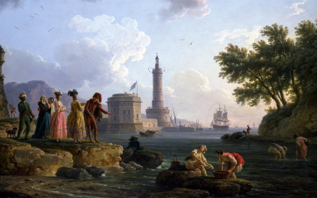 Обои картинки фото claude joseph vernet, рисованное, живопись, люди, берег, море, корабль, маяк