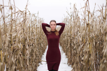 Картинка девушки -+брюнетки +шатенки красное платье кукурузнoe поле брюнeтка