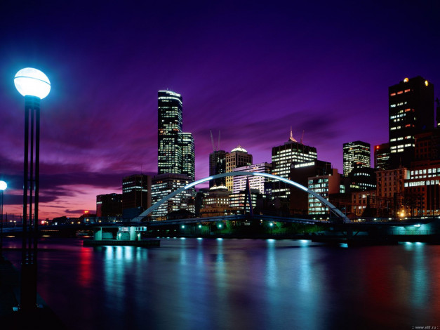Обои картинки фото melbourne, australia, города, огни, ночного, река, мост, ночь