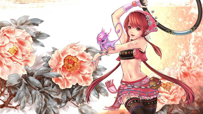 Обои картинки фото аниме, *unknown, другое, арт, цветы, дракончик, девушка