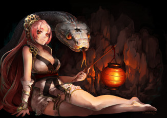 Картинка фэнтези красавицы чудовища змея девушка zunaki язык фонарь пещера чулки платье украшение браслет
