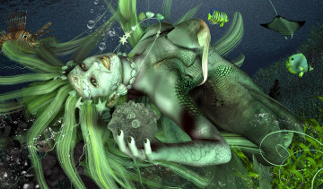 Картинка 3д графика creatures существа русалка рыбы океан