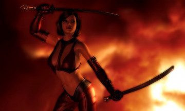 Картинка 3д графика amazon амазонки поза перчатки костюм девушка взгляд лицо волосы огонь оружие самурайский меч фон