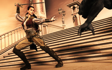 Картинка 3д графика fantasy фантазия меч сапоги револьвер ступеньки