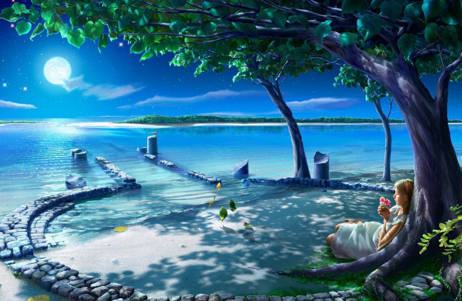 Обои картинки фото фэнтези, kagaya, камни, дерево, море, луна, девушка