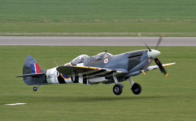 Обои картинки фото spitfire tr, авиация, боевые самолёты, поле, самолёт