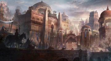 Картинка фэнтези замки мост ворота всадник шествие люди замок арт город