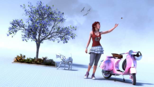 Обои картинки фото мотоциклы, 3d, девушка, взгляд, фон, мотоцикл, собака, дерево, бабочки, птицы