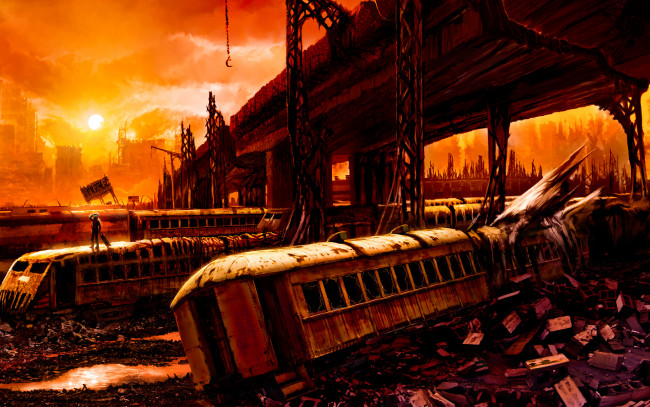 Обои картинки фото фэнтези, романтика апокалипсиса, руины, вагоны, поезд, закат, люди, романтика, апокалипсиса