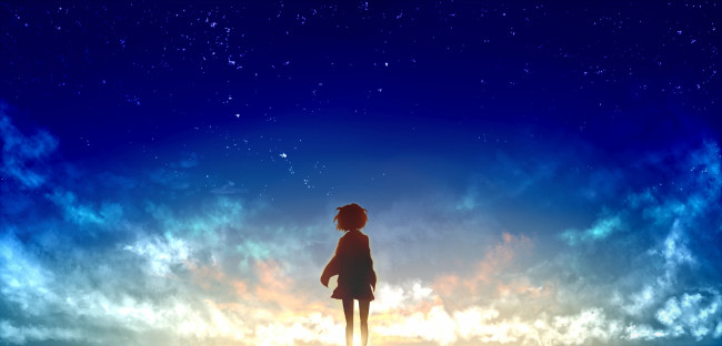 Обои картинки фото аниме, kyoukai no kanata, звезды, облака, закат, kyoukai, no, kanata, арт, девушка, за, гранью, kuriyama, mirai, солнце, небо