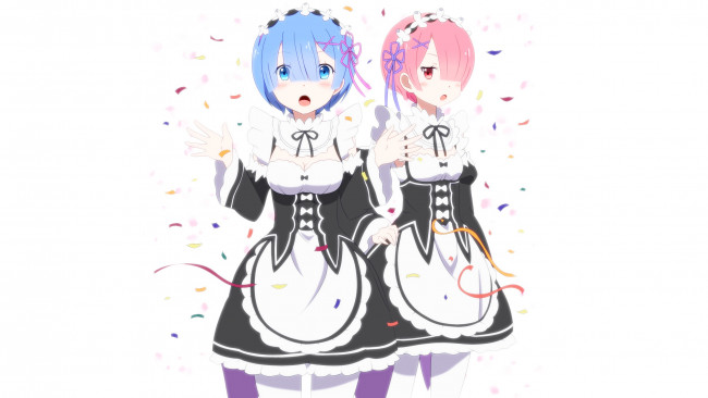 Обои картинки фото аниме, re,  zero kara hajimeru isekai seikatsu, anime, горничные, сёстры, art, rem, девушки, ram, zero, kara, hajimeru, isekai, seikatsu