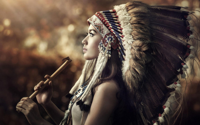 Обои картинки фото разное, cosplay , косплей, трубка, дикий, запад, перья, индианка, девушка