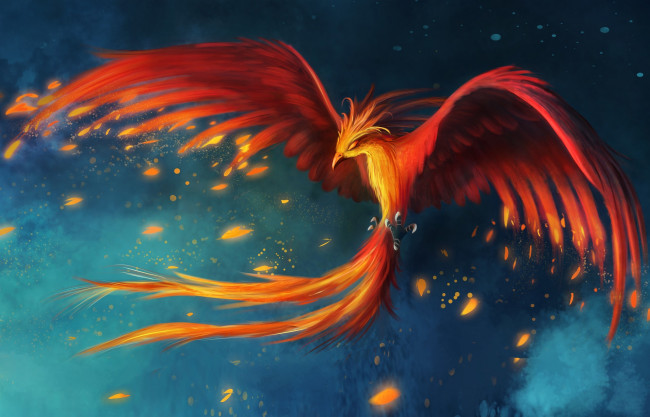 Обои картинки фото фэнтези, существа, возрождение, птица, искры, огонь, крылья, феникс