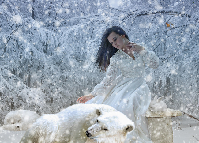 Обои картинки фото разное, компьютерный дизайн, зима, снег, девушка, медведь, кролик