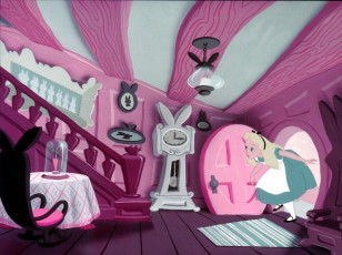 обоя мультфильмы, alice in wonderland, дом, алиса, люстра, часы, стол, кресло, лестница, картины, уши, розовый