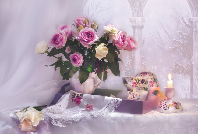 Обои картинки фото цветы, розы, вышивка, свеча, букет, чашка