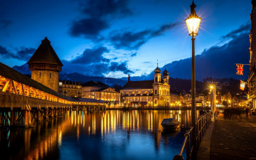 Картинка города люцерн+ швейцария канал мост вечер огни