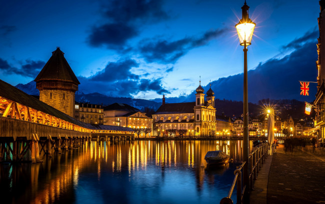 Обои картинки фото города, люцерн , швейцария, канал, мост, вечер, огни