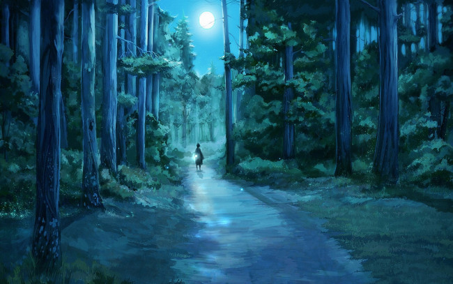 Обои картинки фото аниме, пейзажи,  природа, человек, лес, луна, дорога